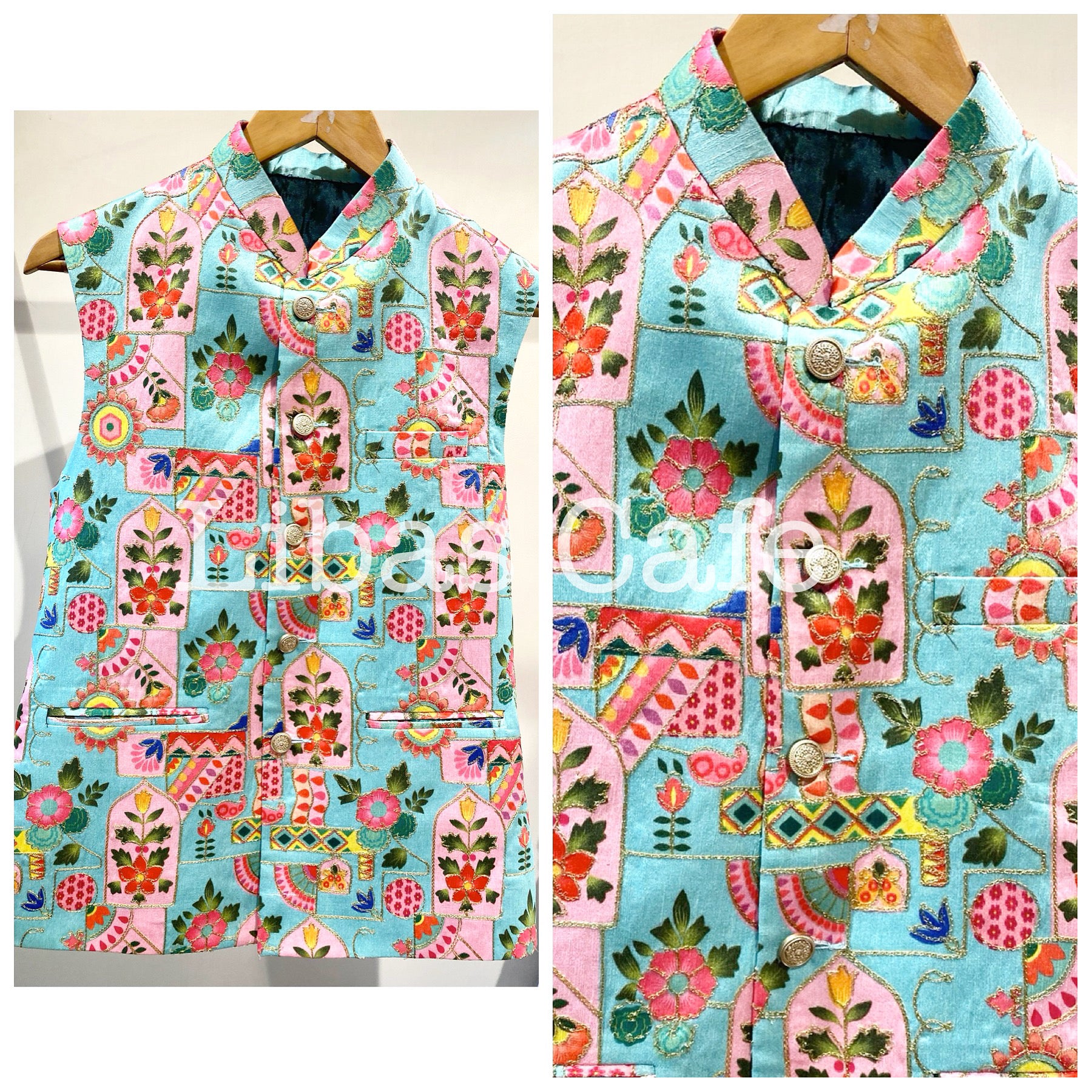 Mint Green Printed Embroidred Nehru Jacket